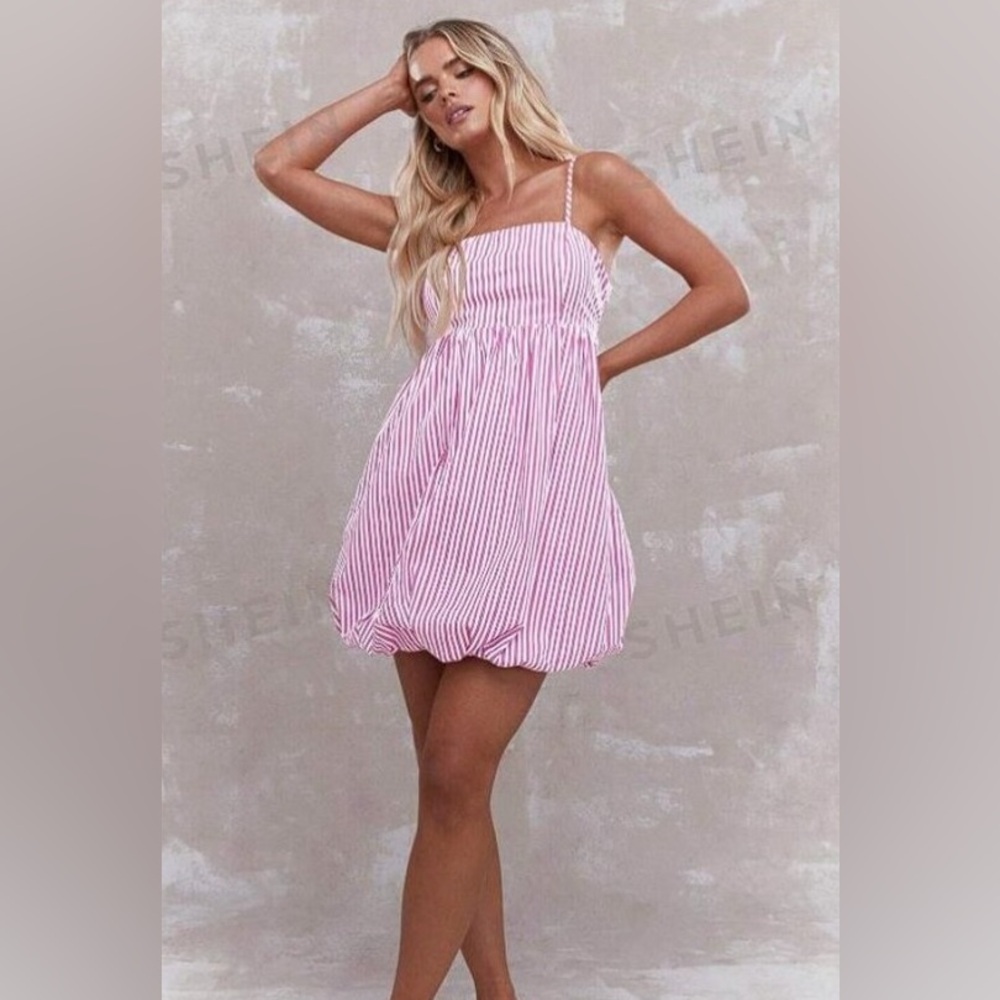 MISSGUIDED Women's Striped Cut Out Back Bubble Hem Cami Mini Dress Size M Pink